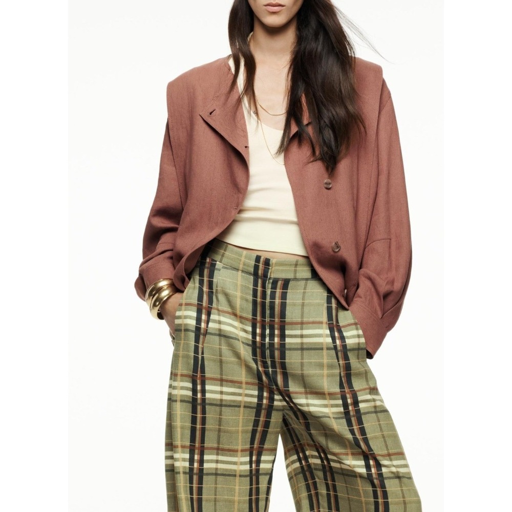 Zara ZW Collection Terra Cotta Brown Linen Oversized Bomber Jacket Extra Small